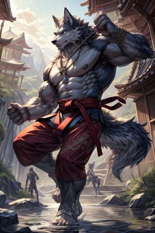 a very muscular elderly anthropomorphic wolf, doing karate high kick, Ancient Japan Dojo Background, Jim Lee art, full body shot, dim volumetric lighting, 8k octane beautifully detailed render, post-processing, portrait, extremely hyper-detailed, intricate, epic composition, cinematic lighting, masterpiece, very very detailed, masterpiece, stunning Detailed matte painting, deep color, fantastical, intricate detail, splash screen, complementary colors, fantasy concept art, 8k resolution trending on Artstation Unreal Engine 5,chiaroscuro, bioluminescent.,more detail XL,photo r3al