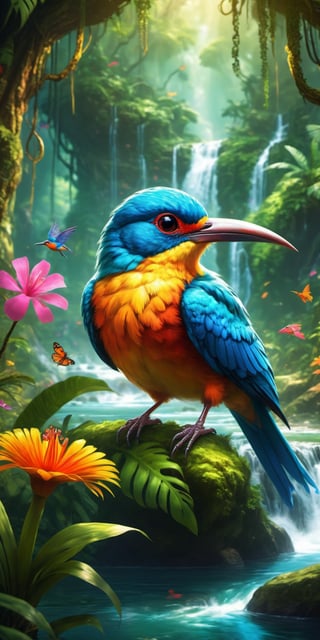 Craft a vibrant and enchanting 4k Ultra HDR high-quality image featuring a magical bird and animal in a whimsical jungle. Picture a colorful bird with magical attributes, and a captivating animal drinking from a pristine river. Set the scene with a clean river flowing through the jungle. Illustrate a magical bird perched on a tree, surrounded by adorable children joyfully eating. Request meticulous attention to detail, creating a visually stunning masterpiece that captures the magical essence of this enchanted jungle scene.