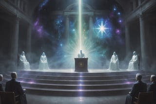 three Judges on podium, digital painting, ethereal, cosmic judgment, huge tribunal hall. 
The Judge, male, (cosmic star in eyes), calm, tough, glittering garment with colorful aura, sitting in judicial session in a cosmic hall of judgment, computer screens in front of him, other judges with him on podium, tribunal setting, a lot of ghost people watching, high_resolution, detailed 