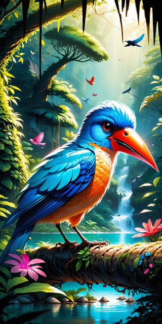 Craft a vibrant and enchanting 4k Ultra HDR high-quality image featuring a magical bird and animal in a whimsical jungle. Picture a colorful bird with magical attributes, and a captivating animal drinking from a pristine river. Set the scene with a clean river flowing through the jungle. Illustrate a magical bird perched on a tree, surrounded by adorable children joyfully eating. Request meticulous attention to detail, creating a visually stunning masterpiece that captures the magical essence of this enchanted jungle scene.