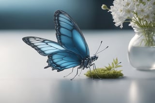 cinematic, background  blur garden with WHITE flowers, chrome robotic body metal The large blue (Phengaris arion) is a species of butterfly in the family Lycaenidae. color, ONLY 4 WINGSThe large blue (Phengaris arion) is a species of butterfly in the family Lycaenidae.  ,in motion ,16K, dangerous, ultradetailled robotic   head  with mandibles, motion flying, ,chrometech ,metallic 