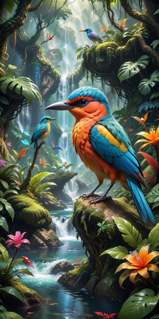 Craft a vibrant and enchanting 4k Ultra HDR high-quality image featuring a magical bird and animal in a whimsical jungle. Picture a colorful bird with magical attributes, and a captivating animal drinking from a pristine river. Set the scene with a clean river flowing through the jungle. Illustrate a magical bird perched on a tree, surrounded by adorable children joyfully eating. Request meticulous attention to detail, creating a visually stunning masterpiece that captures the magical essence of this enchanted jungle scene.