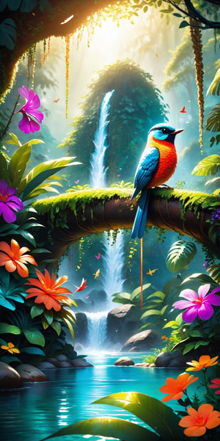 Craft a vibrant and enchanting 4k Ultra HDR high-quality image featuring a magical bird and animal in a whimsical jungle. Picture a colorful bird with magical attributes, and a captivating animal drinking from a pristine river. Set the scene with a clean river flowing through the jungle. Illustrate a magical bird perched on a tree, surrounded by adorable children joyfully eating. Request meticulous attention to detail, creating a visually stunning masterpiece that captures the magical essence of this enchanted jungle scene.