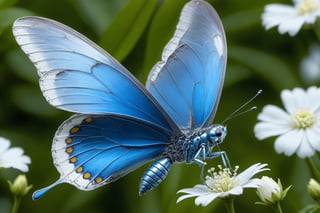 cinematic, background  blur garden with WHITE flowers, chrome robotic body metal The large blue (Phengaris arion) is a species of butterfly in the family Lycaenidae. color, ONLY 4 WINGSThe large blue (Phengaris arion) is a species of butterfly in the family Lycaenidae.  ,in motion ,16K, dangerous, ultradetailled robotic   head  with mandibles, motion flying, ,chrometech ,metallic 