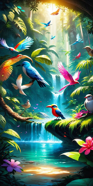 Craft a vibrant and enchanting 4k Ultra HDR high-quality image featuring a magical bird and animal in a whimsical jungle. Picture a colorful bird with magical attributes, and a captivating animal drinking from a pristine river. Set the scene with a clean river flowing through the jungle. Illustrate a magical bird perched on a tree, surrounded by adorable children joyfully eating. Request meticulous attention to detail, creating a visually stunning masterpiece that captures the magical essence of this enchanted jungle scene.