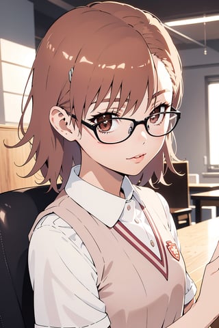 blond hair, short cut, glasses, 14 years old, school uniform.

,misaka_mikoto,1girl hairclip,tokiwadai school uniform