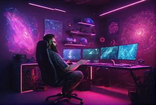 In a bustling design and animation studio, filled with neon lights and high-tech gaming setups, fat sits at the helm. This bearded man, a master of geek culture, is hard at work creating dreams. His fingers dance across the keyboard, coding the future, while his eyes, sharp and focused, monitor the progress of his latest project. The room is a riot of color, reflecting the vibrant creativity that flows from him. He is a web developer, a marketing boss, a crypto master. His workspace is a testament to his skills, filled with exclusive 3D renders and high-quality graphics. This is a man who creates worlds, a dream maker, a creative crack. Suddenly, a powder explosion of ideas bursts from his mind, filling the room with a brutal tech art concept. This is the future of art, a cyberpunk vision that is both futuristic and impactful. This is the best art in the world and universe, brought to life , the master of vibrant, neon colors.