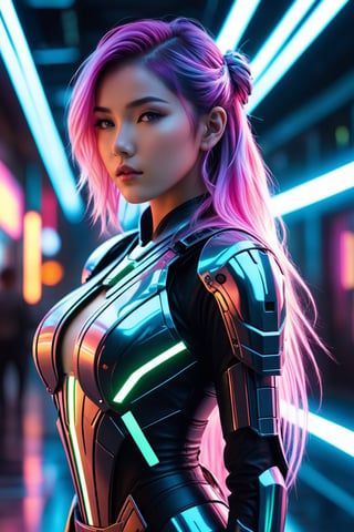 high quality, 8K Ultra HD, full body, have a cyber saber, a mesmerizing 20-year-old woman with a futuristic beauty that seems to transcend time and space, intricately woven into her very being, encased in the cybernetic suit, move with fluidity and precision, Her flowing hair resembles streams of neon lights, casting a vibrant glow that adds a touch of cyberpunk brilliance to her appearance, Each strand of hair is meticulously crafted with holographic patterns that shimmer and shift, creating an ever-changing display of colors, by yukisakura, highly detailed,

