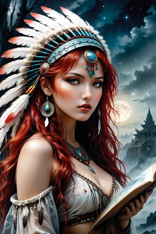 A beautiful red haired girl with a native American chief headdress. Luis Royo bookmark of surrealistic dreams, magic, watercolor, ink, acrylic, double exposure, futuristic, fantasy, great detail, mid-night, moon, fog, gothic gloom, art on a cracked paper, storybook detailed illustration, cinematic, ultra highly detailed, tiny details, beautiful details, mystical, luminism, vibrant colors