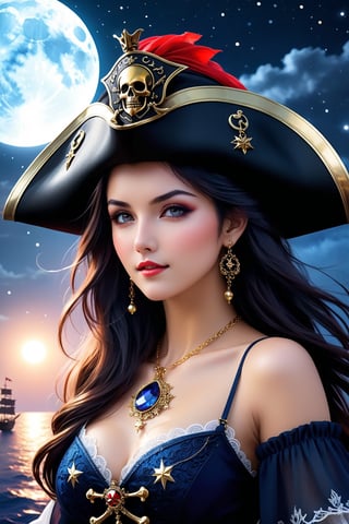 high quality, super realistic, pirate hat, a 20-year-old Pirate Maiden with a celestial beauty rivaling the stars, Picture her poised at the helm of a grand pirate ship, her silhouette defined against the shimmering night sky of a crimson moon, The vessel itself is a maritime masterpiece, adorned with intricate carvings, polished brass embellishments, and an array of mystical symbols, The Scarlet Moonlit Pirate dons a resplendent ensemble blending midnight blues with silvery hues, adorned with delicate lace and glistening gemstones, A star-like pendant gracefully hangs around her neck, emphasizing her bewitching aura, by yukisakura, high detailed,
