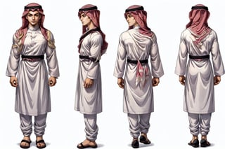 masterpiece, best quality, absurdres, 1boy, solo, ((thob, Arab thob, arabic thob, Muslim thob, Islamic tho)), great face, (Arab), tall , slim, handsome, plaid pants, turtleneck, corridor, hands straight ,very_high_resolution, (((((chara-sheet))))),chara-sheet,More Detail, ((full_body)), black coat, Jeremiah_Chugi_Wald,xyzsankurta, (((anime style))), ((((((thob)))))),thob