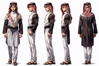 masterpiece, best quality, absurdres, 1boy, solo, ((thob, Arab thob, arabic thob, Muslim thob, Islamic tho)), great face, (Arab), tall , slim, handsome, plaid pants, turtleneck, corridor, hands straight ,very_high_resolution, (((((chara-sheet))))),chara-sheet,More Detail, ((full_body)), black coat ,Jeremiah_Chugi_Wald,xyzsankurta, (((anime style))), ((((((thob)))))),thob