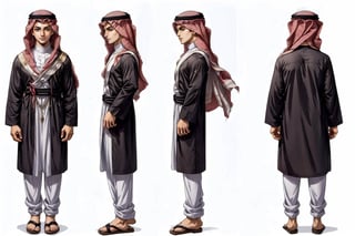 masterpiece, best quality, absurdres, 1boy, solo, ((thob, Arab thob, arabic thob, Muslim thob, Islamic tho)), great face, (Arab), tall , slim, handsome, plaid pants, turtleneck, corridor, hands straight ,very_high_resolution, (((((chara-sheet))))),chara-sheet,More Detail, ((full_body)), black coat, Jeremiah_Chugi_Wald,xyzsankurta, (((anime style))), ((((((thob)))))),thob