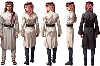 masterpiece, best quality, absurdres, 1boy, solo, ((thob, Arab thob, arabic thob, Muslim thob, Islamic tho)), great face, (Arab), tall , slim, handsome, plaid pants, turtleneck, corridor, hands straight ,very_high_resolution, (((((chara-sheet))))),chara-sheet,More Detail, ((full_body)), black coat ,Jeremiah_Chugi_Wald,xyzsankurta, (((anime style))), ((((((thob)))))),thob