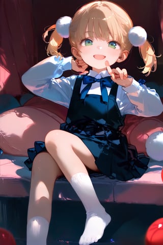 score_9,score_8_up,score_7_up,score_6_up,source_anime,shigureui-requiem,shigure ui \(vtuber\),green eyes,blonde hair,short hair,twintails,pom pom hair ornament,
pinafore dress,white socks,uwabaki,looking at viewer,smile,pink room,little girl's room