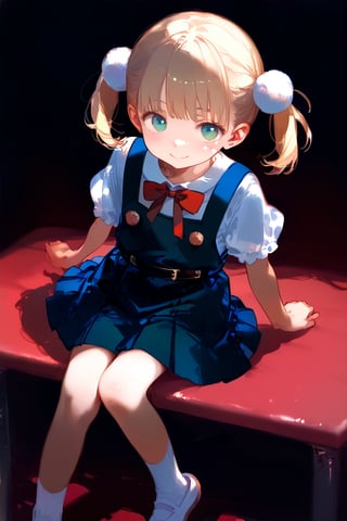 score_9,score_8_up,score_7_up,score_6_up,source_anime,shigureui-requiem,shigure ui \(vtuber\),green eyes,blonde hair,short hair,twintails,pom pom hair ornament,
pinafore dress,white socks,uwabaki,looking at viewer,smile,pink room,little girl's room