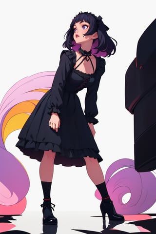 (high resolution), (8K), (extremely detailed), (4k), best quality, ((masterpiece, best quality)), ((((dull colors)))), expressive eyes, perfect face, ((1girl)), (1girl), ((goth lolita girl)), ((black dress)), (black and purple bangs hair), (((white background)))