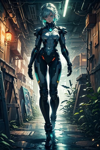 full body girl, (masterpiece+artwork+best quality+better), (extremely detailed 8k CG unity wallpaper), (environment details+detailed particles), {a cute girl+dark skin+intense+bright green detailed eyes}, [cute place background+soap bubbles+rustic lighting+steampunk+cyberpunk clothes], full_body., Energy light particle mecha