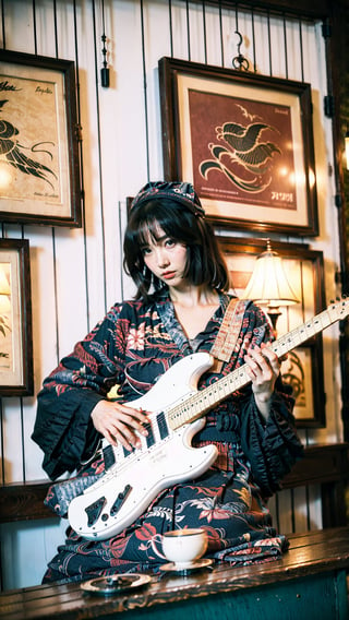 In this image, a young girl with flowing chestnut hair is sitting on a worn wooden bench, surrounded by an intimate atmosphere. He held a vintage acoustic guitar in his hands, his fingers deftly plucking the strings with familiarity. The soft glow of warm light casts a gentle atmosphere, illuminating the instrument's arch and accentuating the girl's calm expression., lost in the melody he was creating, while a small smile graced his lips. The surrounding room is decorated with musical paraphernalia: old vinyl records, faded concert posters and a well-loved piano in the corner, flowers and plants., Ultra 4k hd. Anatomically correct body and face.,hanilorashy,perfecteyes,aquarium,hanfulolita