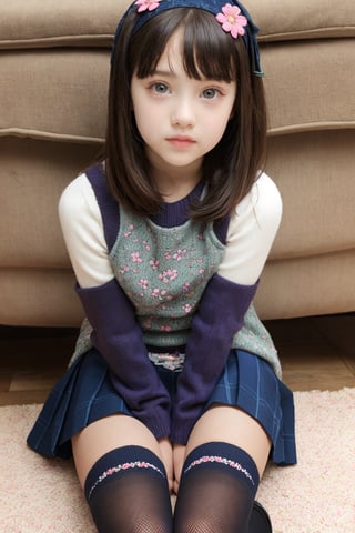 little tween,beauty face,sitting with open legs, skirt, panties with flower patterns, knee high socks,