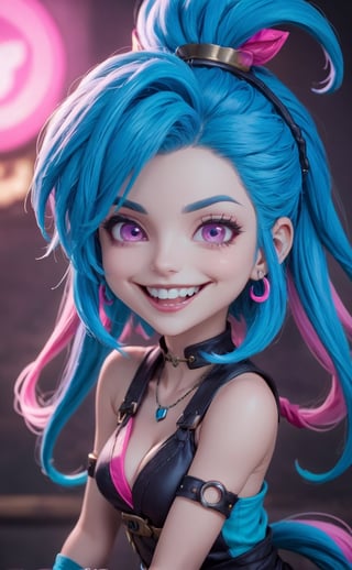 anime network, chibi, Jinx (league of legends), manic, mischievous, blue hair, pink eyes, big grin, pastel colors | finely-detailed, perfect focus, sharp, vibrant, subject-background isolation