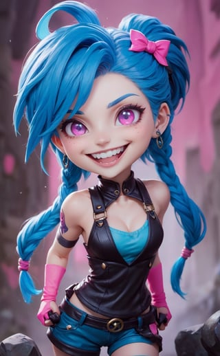 chibi, Jinx (league of legends), manic, mischievous, blue hair, pink eyes, big grin, pastel colors | finely-detailed, perfect focus, sharp, vibrant, subject-background isolation