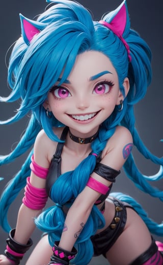 chibi, Jinx (league of legends), manic, mischievous, blue hair, pink eyes, big grin, pastel colors | finely-detailed, perfect focus, sharp, vibrant, subject-background isolation