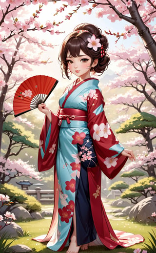 flat artwork 2d illustration, anime, chibi, contour, cel-shading, thick outlines, perfect masterpiece, best quality, pin-up art, bishoujo art, gravure art, A young princess, regal in her kimono, stands amidst a serene cherry blossom garden, a delicate fan in her hand, as sunlight filters through blossoms, casting a soft glow, perfect anatomy, she is sexy, nsfw, vintage, bad girl, glamorous and sensual style, beauty, femininity, allure