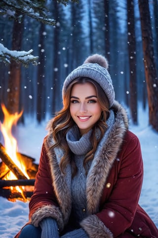 Create a yourself as female beauty,  high detailed,  forest background,, photo realistic,  high quality, a small smile,  wide raange of colours., photo r3al, detailmaster2, ,gray eyes,(night time,)snow falling, winter clothes, jewelry, snow background,moon light,he sits and warms himself by the fire,light comes only from fire,
