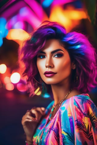 beautiful 80's woman with lots of colored streaks in her hair. bright lights and a retro style background with coconut trees in the background. The photograph will be captured with a long exposure and a saturated density filter that will help capture city lights, with very high contrast, synthwave, vivid and bright colors, 8k, dark colors contrasting with very saturated colors.