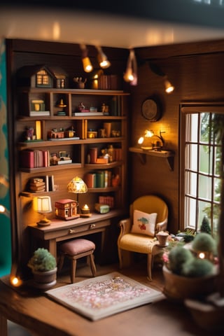 Imagine a magical world enclosed in a small box. A cozy, whimsical room filled with miniature furniture, twinkling lights and tiny trinkets that bring joy and delight. A world that captures the imagination and surprises. Create a picture of a roombox, a miniature wonderland in a box that exudes beauty and appeal. From a tiny bookshelf filled with miniature books to a tiny tea set on a table, depict a scene that inspires the viewer to enter this enchanting world and never leave it.