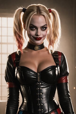 Ultra-detailed Margot Robbie as Harley Quinn,black leather corset,open satin shiny shirt,exposed breasts, high-quality cell-shaded illustrations, dynamic pose, perfect anatomy, centered, freedom, soul, approach to perfection, cell shading, 4k, cinematic dramatic atmosphere, watercolor painting, global illumination, detailed and intricate environment, art station, concept art, fluid and sharp focus, volumetric lighting, cinematic lighting, Movie Still, Movie Still, Film Still, Cinematic, Cinematic Shot, photo r3al, Cinematic Lighting