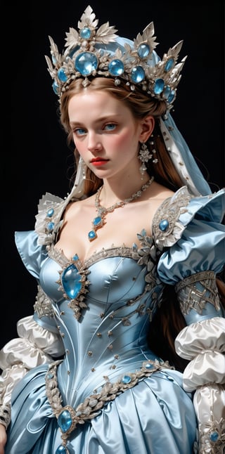 German woman in a sky blue dress and elaborate decorative platinum crown,ice blue jewels,inspired by Lucas Cranach the Elder, inspired by Agnolo Bronzino, inspired by Dino Valls, inspired by Hendrik Goltzius, inspired by Parmigianino, inspired by Sofonisba Anguissola, inspired by Lucas Cranach the Younger(black background)