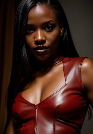 cinematic, [medium body shot(1.5)] [elegant and voluptuous 35 year old(((Black female)))Dark red leather top (1.5)], 

RAW photo, portrait of a beautiful black woman wearing a red leather shirt,(high detailed skin:1.2),(Slight smirk) 8k uhd, dslr, soft lighting, high quality, film grain, Fujifilm XT3, she is in a dim lit dark room, chiaroscuro style

(medium body shot:1.3), detailed face, detailed eyes, detailed hands, detailed fingers, detailed anatomy, LowRA,

masterpiece, HDR, 8k, detailed face, detailed eyes, detailed hands, detailed fingers, detailed limbs:1.5,

8k, HDR, RAW photo, best quality, masterpiece, Detailed face, photo of perfecteyes eyes