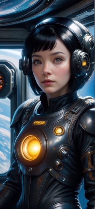 breathtaking close up photorealism photo of Caucasian woman with black hair wearing mech suit indoors (on alien spaceship) by Craig Davison, Dave Dorman, and Drew Struzan, symmetrical outfit. patch panels, computers, buttons, switches, screen, window with a view of outer space. wearing bubble helmet, face visible. high quality, photorealism, chromatic aberration, lens distortion, sharp focus, highest detail.