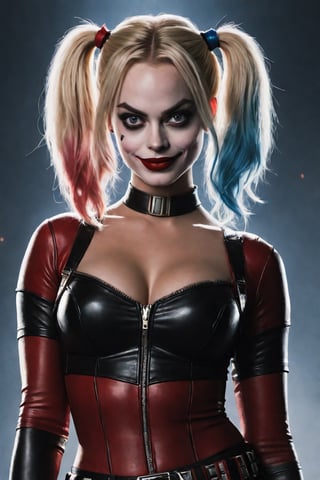 Ultra-detailed Margot Robbie as Harley Quinn, exposed nude breasts,big nipples,shiny satin shirt,black leather,high-quality cell-shaded illustrations, dynamic pose, perfect anatomy, centered, freedom, soul, approach to perfection, cell shading, 4k, cinematic dramatic atmosphere, watercolor painting, global illumination, detailed and intricate environment, art station, concept art, fluid and sharp focus, volumetric lighting, cinematic lighting, Movie Still, Movie Still, Film Still, Cinematic, Cinematic Shot, photo r3al, Cinematic Lighting