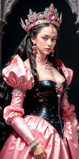 Russian woman in a hot pink dress and elaborate decorative platinum crown,pink diamonds,long flowing black hair,inspired by Lucas Cranach the Elder, inspired by Agnolo Bronzino, inspired by Dino Valls, inspired by Hendrik Goltzius, inspired by Parmigianino, inspired by Sofonisba Anguissola, inspired by Lucas Cranach the Younger(black background)