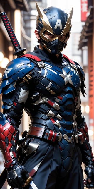 solo, 1boy, upper body,weapon, male focus, sword, armor, blurry, bodysuit, mask, blurry background, standing, katana, sheath, sheathed, japanese armor, superhero, weapon on back, captain america 
web print