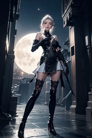 Ultra Detailed, 50mm, official art, unity 8k wallpaper, ultra detailed, aesthetic, masterpiece, best quality, photorealistic, princess_cut, long_white_hair, jewelry, earrings, ponytail, bare shoulders,red_eyes, hair between eyes,boots, elbow gloves,sleeveless, black gloves,black_lace_dress,leggings, black skirt, black footwear, full body, long_legs, white-skinned girl, tall, narrow waist, dynamic pose,1_girl,katana_ice, fullmoon