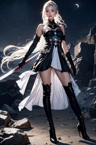 Ultra Detailed, 50mm, official art, unity 8k wallpaper, ultra detailed, aesthetic, masterpiece, best quality, photorealistic, princess_cut, long_white_hair, jewelry, earrings, ponytail, bare shoulders,red_eyes, hair between eyes,boots, elbow gloves,sleeveless, black gloves,black_lace_dress,leggings, black skirt, black footwear, full body, long_legs, white-skinned girl, tall, narrow waist, dynamic pose,1_girl,katana_ice, fullmoon, hair_past_waist, long_legs,ice_giant_sword