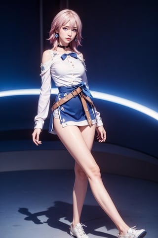 Ultra Detailed, 50mm, official art, unity 8k wallpaper, ultra detailed, aesthetic, masterpiece, best quality, photorealistic, short_hair, jewelry, earrings, pinkhair, hime_cut, bare shoulders, light blue eyes, sport_shoe, white socks, hair between eyes, elbow gloves, sleeveless, belt, leggings, blue shirt, indigo skirt, neckbelt, white footwear, long sleeves, full body, two bare long legs, white-skinned girl, tall, narrow waist, dynamic pose, dynamic angle,ph_Mar,march 7th \(honkai: star rail\),little_cute_girl, holding_bow_(weapon)