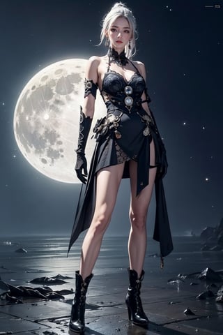 Ultra Detailed, 50mm, official art, unity 8k wallpaper, ultra detailed, aesthetic, masterpiece, best quality, photorealistic, princess_cut, long_white_hair, jewelry, earrings, ponytail, bare shoulders,red_eyes, hair between eyes,boots, elbow gloves,sleeveless, black gloves,black_lace_dress,leggings, black skirt, black footwear, full body, long_legs, white-skinned girl, tall, narrow waist, dynamic pose,1_girl,katana_ice, fullmoon