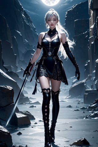 Ultra Detailed, 50mm, official art, unity 8k wallpaper, ultra detailed, aesthetic, masterpiece, best quality, photorealistic, princess_cut, long_white_hair, jewelry, earrings, ponytail, bare shoulders,red_eyes, hair between eyes,boots, elbow gloves,sleeveless, black gloves,black_lace_dress,leggings, black skirt, black footwear, full body, long_legs, white-skinned girl, tall, narrow waist, dynamic pose,1_girl,katana_ice, fullmoon, hair_past_waist, long_legs,ice_giant_sword,Hair over eyes