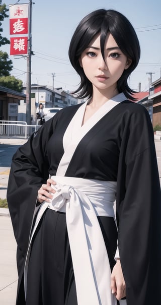 thick outlines, comics, photorealistic, 1girl, solo, ice, kuchiki_rukia, black kimono, japanese town, detailed background, detailed face, detailed eyes, ,kuchikirukia,kuchiki_rukia