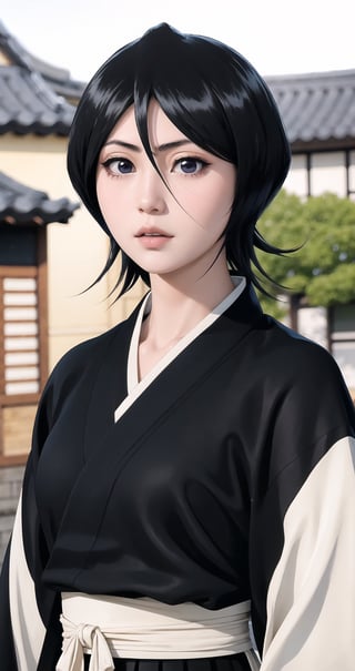 thick outlines, comics, photorealistic, 1girl, solo, ice, kuchiki_rukia, black kimono, japanese town, detailed background, detailed face, detailed eyes, ,kuchikirukia