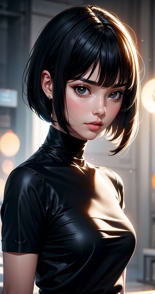 illustraion, aesthetically pleasing, 1girl, solo, slim, black hair, bobcut, bangs, black eyes, closed mouth, black shirt, short sleeves, turtleneck, upper body, standing up, realistic background