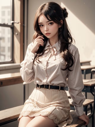 A schoolgirl sits at classroom, wavy hair, white blouse, padded skirt, perfect composition, hyperrealistic, super detailed, 8k, high quality, sharp focus, studio photo, intricate details, highly detailed, seductive pose, flirting to camera, see through shirt, RedHoodWaifu, perfecteyes, a_line_haircut, updo_hairstyle, Dress, long_hime_cut_hairstyle,