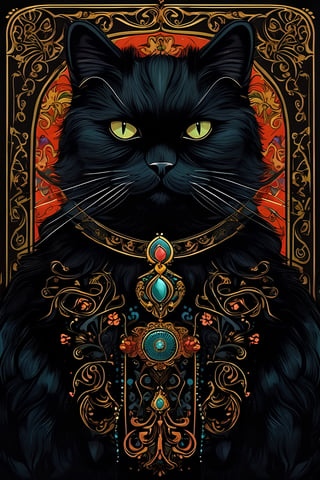 illustration of an gentleman Persian black cat, in the style of Vladimir Matyukhin art, uhd, necropunk, tapestries, wood, fancy vibes, whimsical illustrations