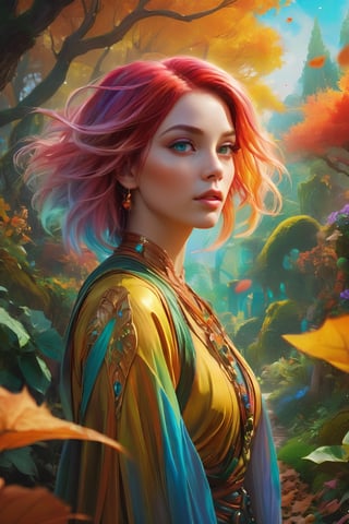 beautiful angle view of Species woman individual from another planet with multicolored hair, beautiful colorful eyes, run in autumn garden, breeze at dawn, alcohol ink painting, psychedelic art by Ross Tran, Antonio J. Manzanedo, Tom Bagshaw, mandy disher, cinematic, 32k, stills from Steven Spielberg epic film, clear focus, hyperrealistic repin artstation painting, detailed character design concept art, matte painting