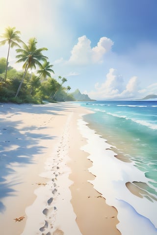 beach scene, vanishing point on white paper, utra realistic photograph portraying a subtle pacific island image, realistic details, watercolor splash art incorporated as complimentary elements, poster, 3d render, photo